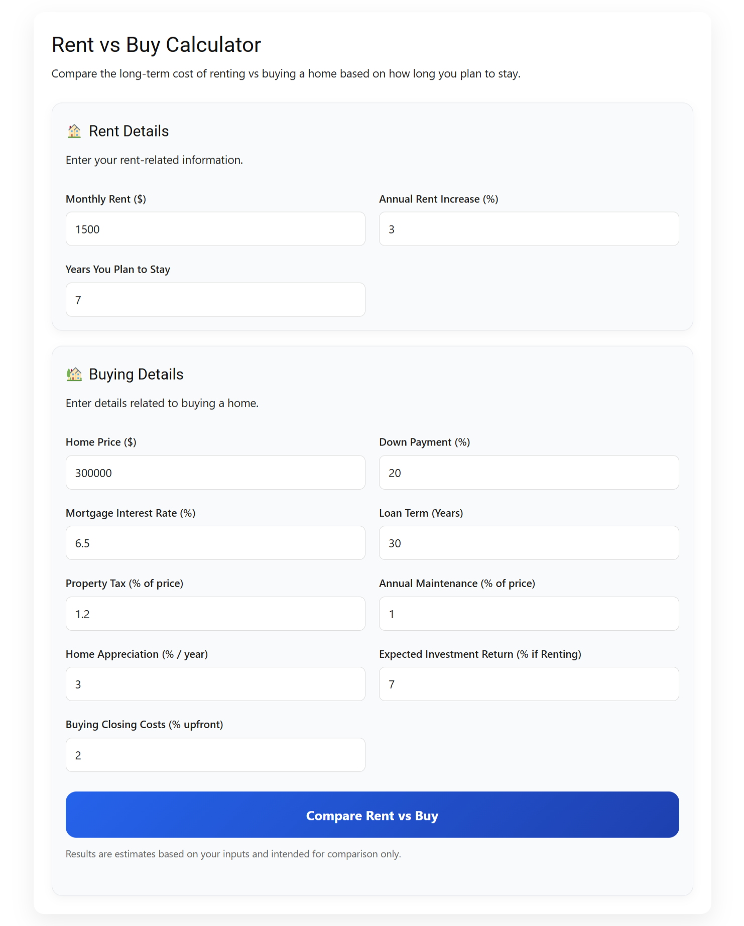 Rent vs Buy Calculator Screenshot