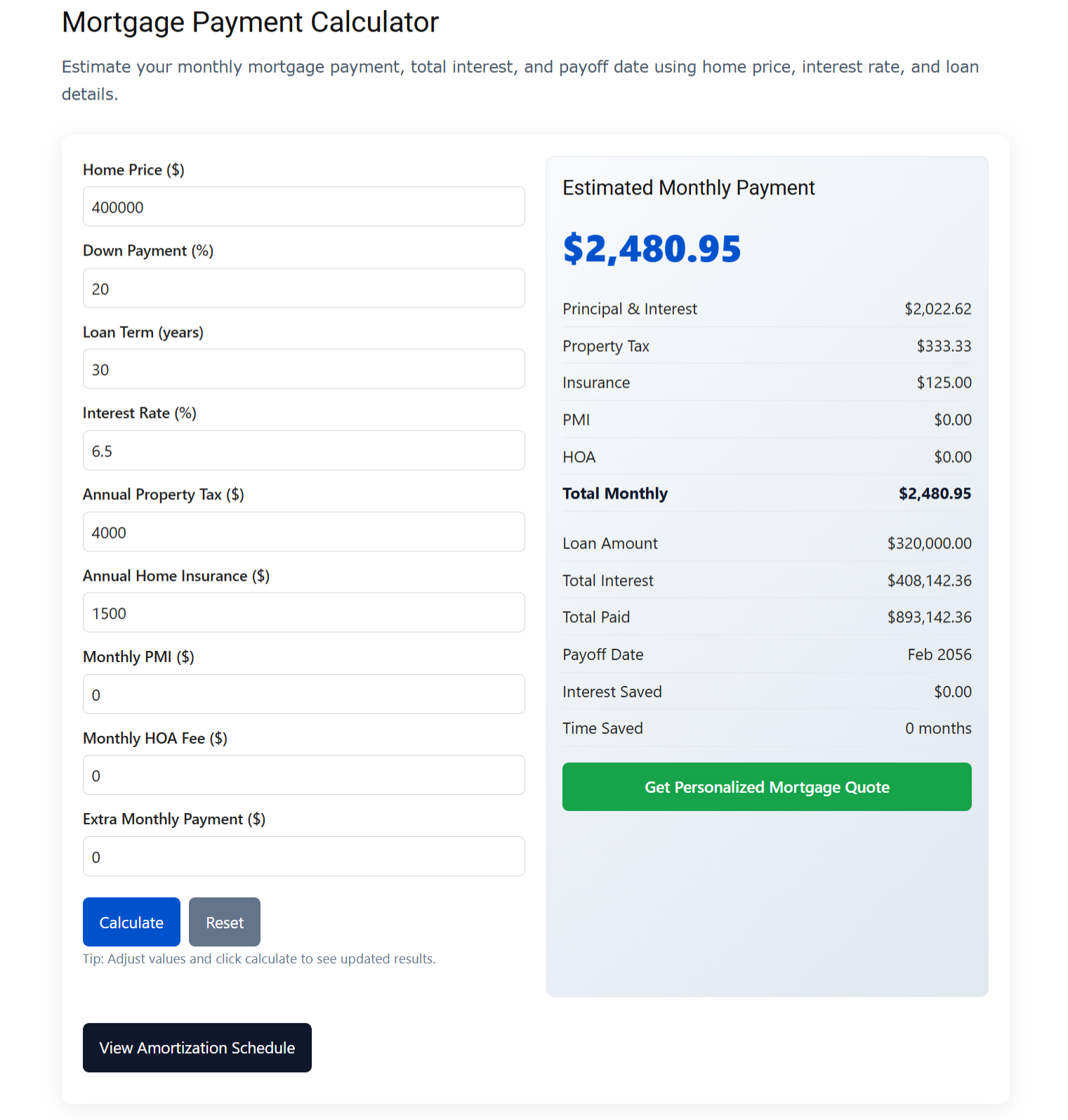 Mortgage Calculator Screenshot
