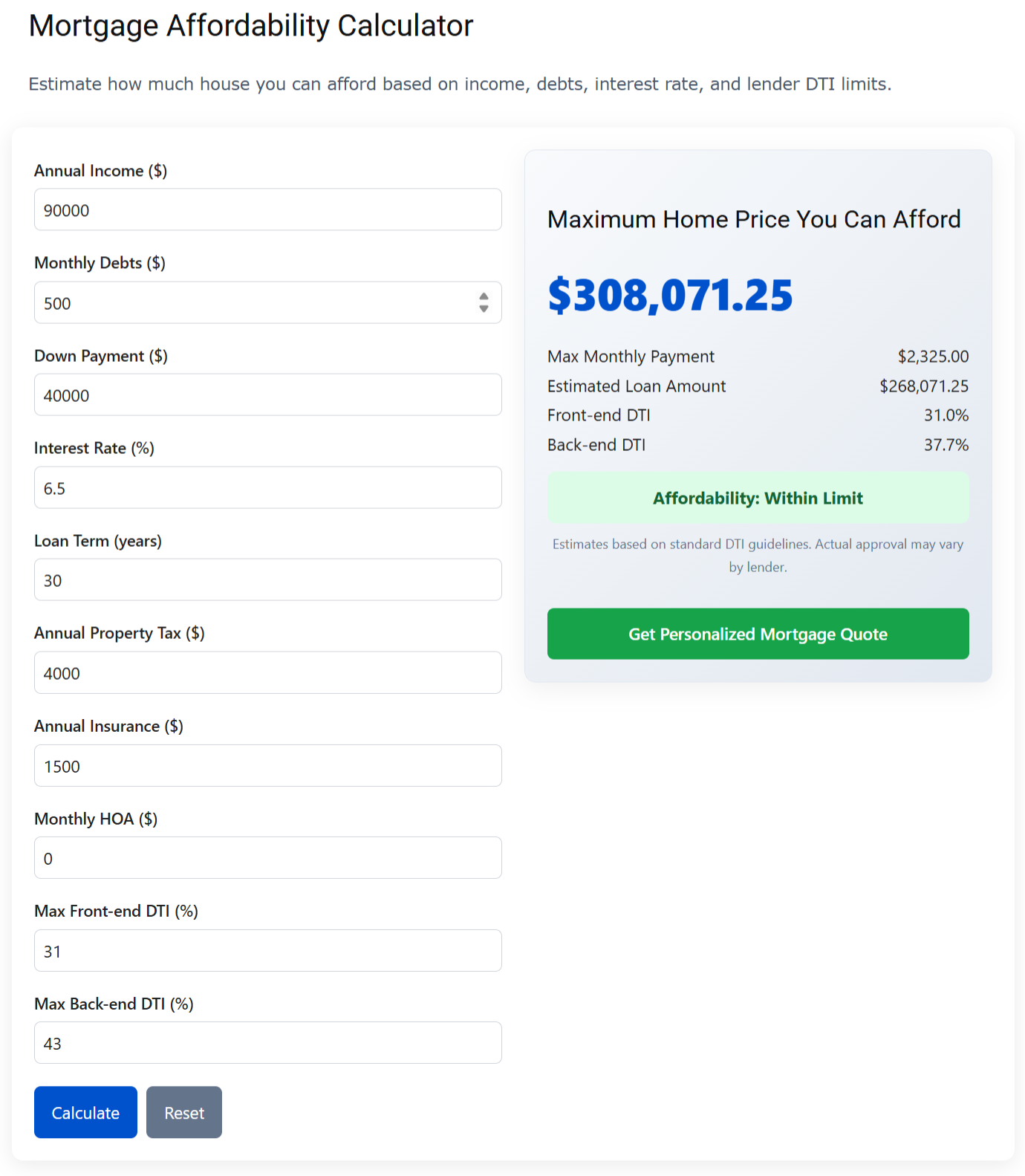 Mortgage Affordability Calculator Screenshot