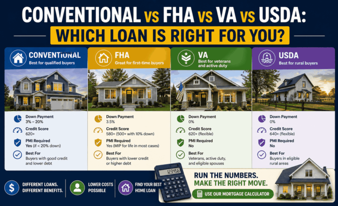 Conventional vs FHA vs VA vs USDA loan comparison infographic showing down payment requirements, credit scores, and PMI requirements for all four mortgage programs