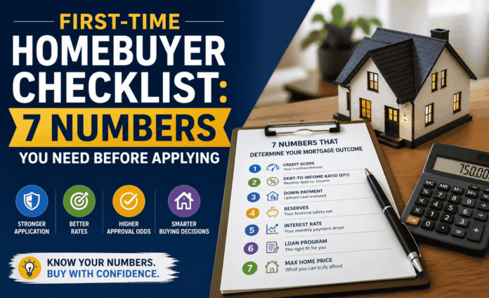 First-time homebuyer checklist infographic showing 7 numbers that determine your mortgage outcome including credit score, DTI ratio, down payment, reserves, and maximum home price
