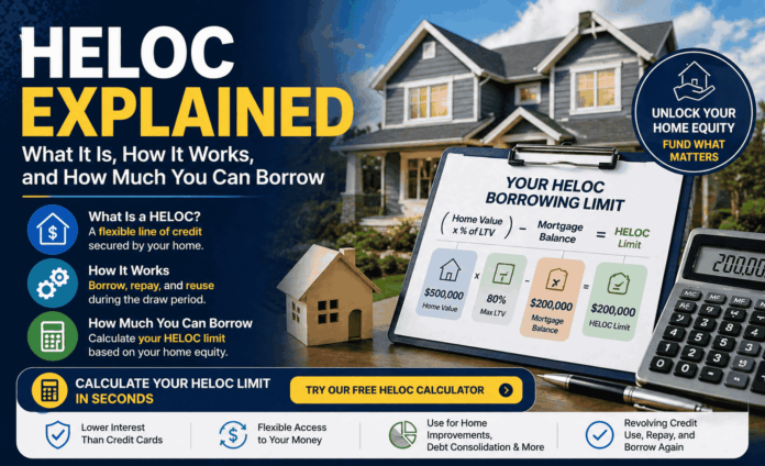 HELOC explained infographic showing borrowing limit formula, draw period, and how home equity line of credit works
