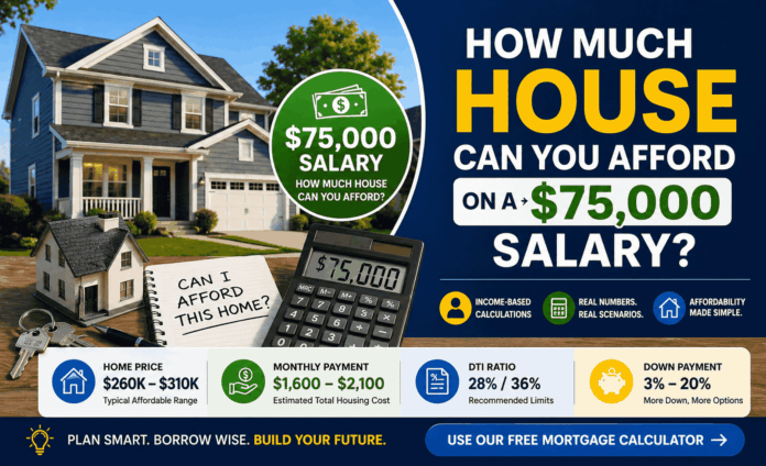 How much house can you afford on a $75,000 salary infographic showing $260K–$310K home price range, $1,600–$2,100 monthly payment, 28/36 DTI ratio, and 3–20% down payment