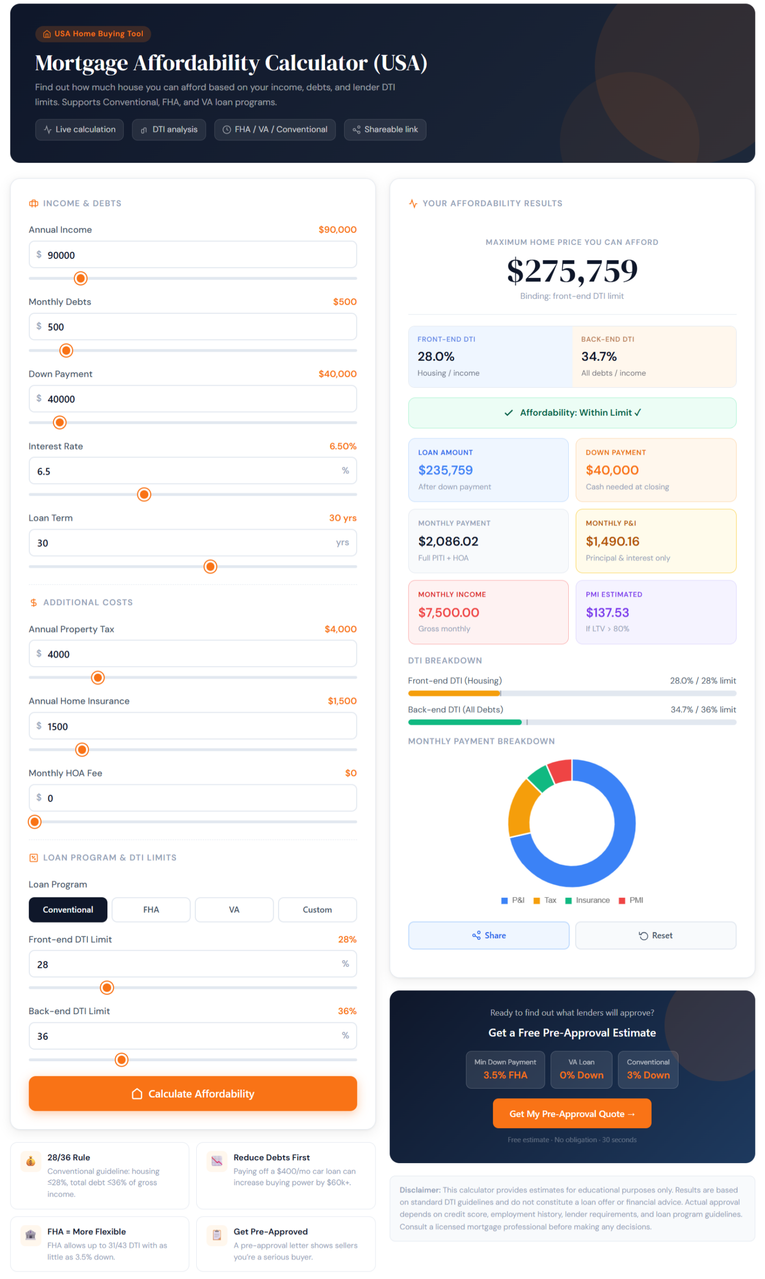 White Label Finance Calculators (One Time Setup) | Our Net Helps Mortgage Affordability Calculator