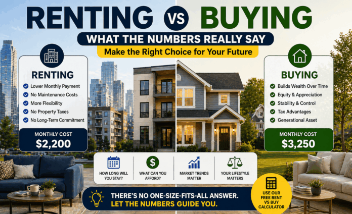 Renting vs buying comparison infographic showing $2,200 monthly rent vs $3,250 buying cost with key factors including equity, flexibility, and market trends