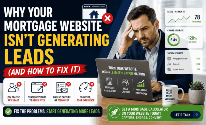 Why your mortgage website isn't generating leads infographic showing common problems including no lead capture, sending visitors to other sites, and how mortgage calculators drive 52% of broker leads