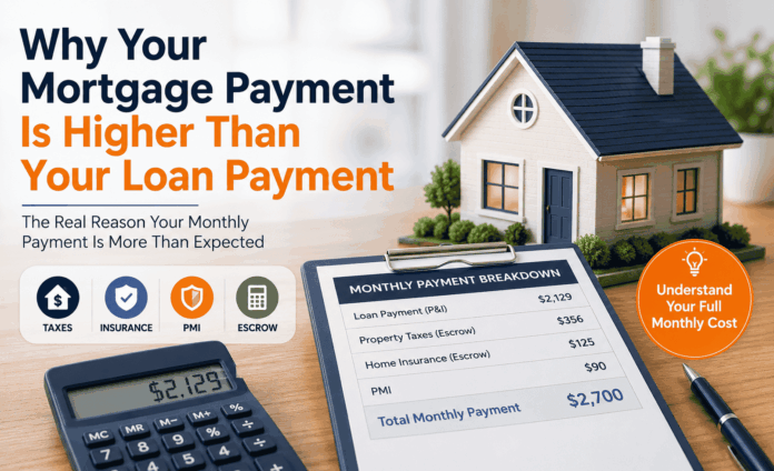 Monthly mortgage payment breakdown showing loan payment of $2,129 plus property taxes, insurance, and PMI adding up to $2,700 total monthly cost