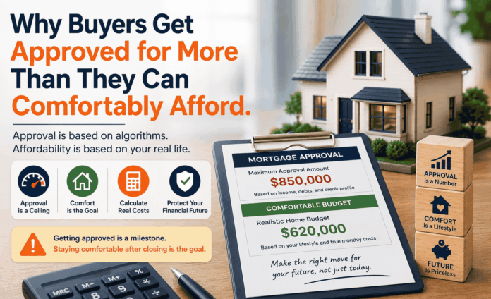 Mortgage approval document showing $850,000 maximum approval versus $620,000 comfortable budget illustrating the gap between what lenders approve and what buyers can afford