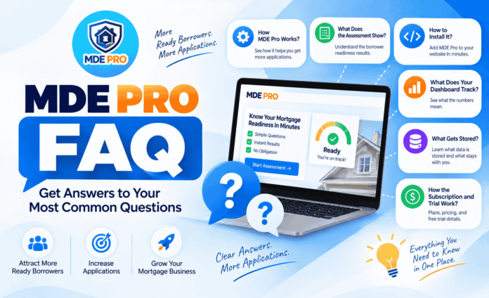 Answers to the questions mortgage brokers ask most about MDE Pro - how the assessment works, what your dashboard tracks, what gets stored, and how the trial and subscription work.