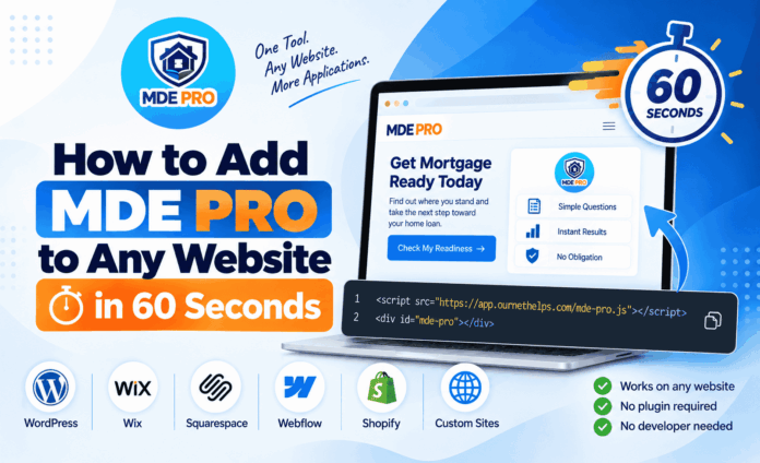 MDE Pro installs on any website with two lines of code. Works on WordPress, Wix, Squarespace, Webflow, Shopify, and custom sites. No plugin, no developer needed.