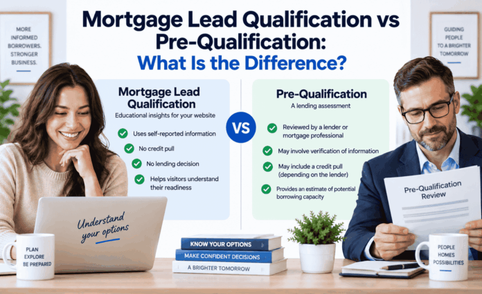 Mortgage lead qualification vs pre-qualification comparison - educational readiness assessment on the left, lending assessment review on the right